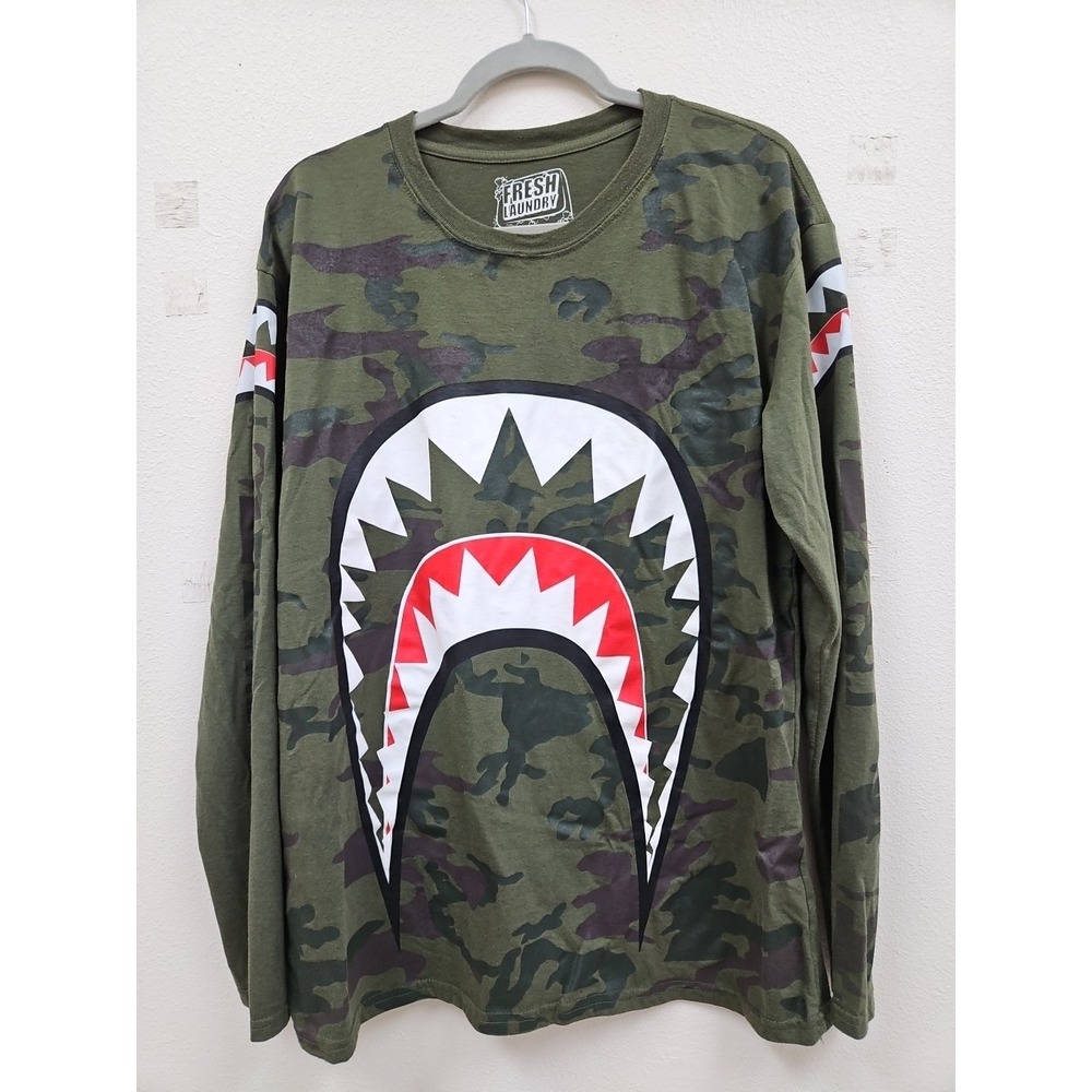 Fresh Laundry Men's Shirt Ape Long Sleeve T-Shirt Shark Teeth Camouflage Sz XL